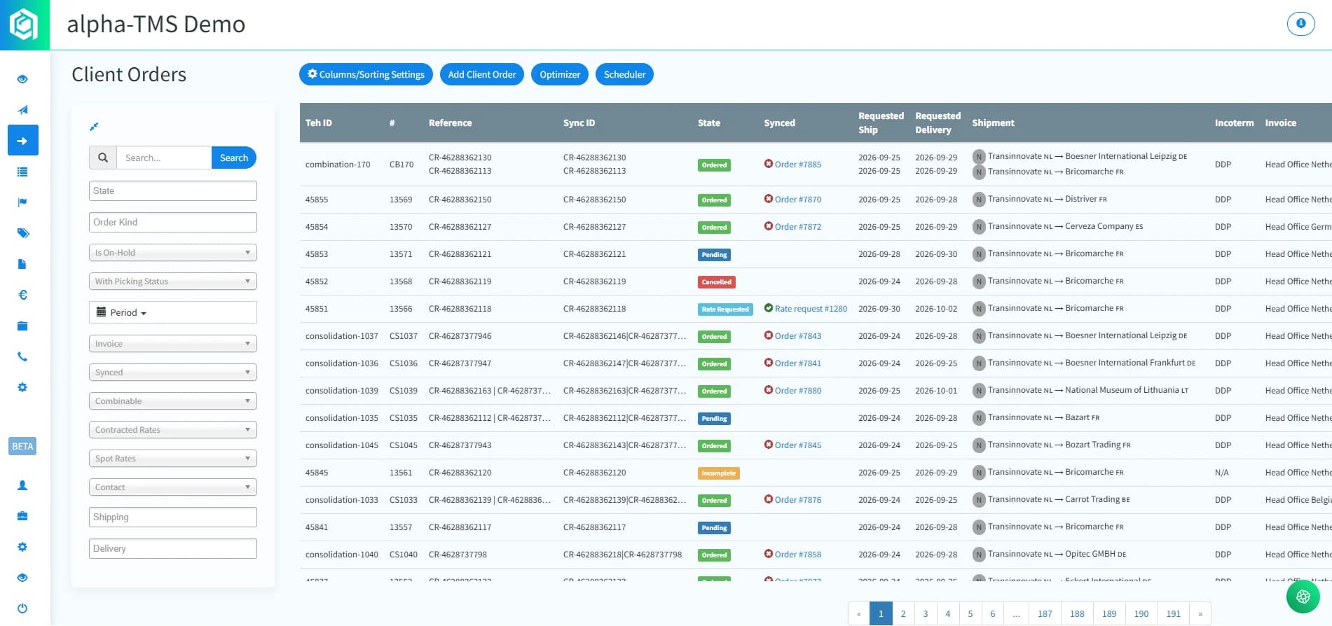 Client orders backlog in alpha-TMS with all incoming orders in one place