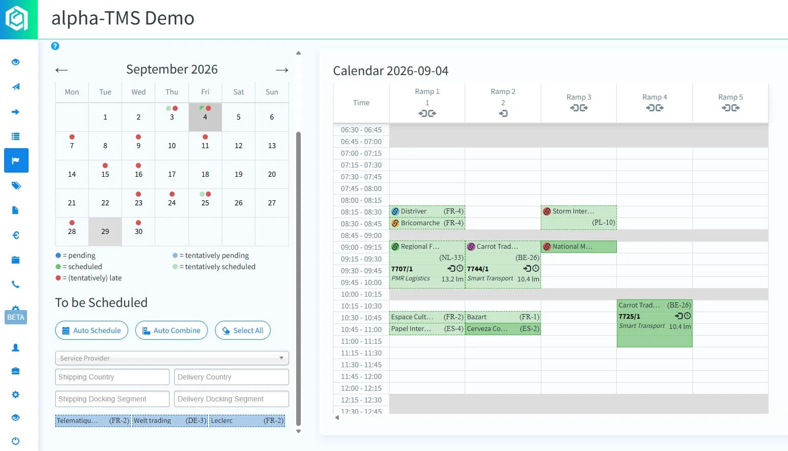 alpha-TMS dock scheduling calendar with docking orders planned per ramp and time slot
