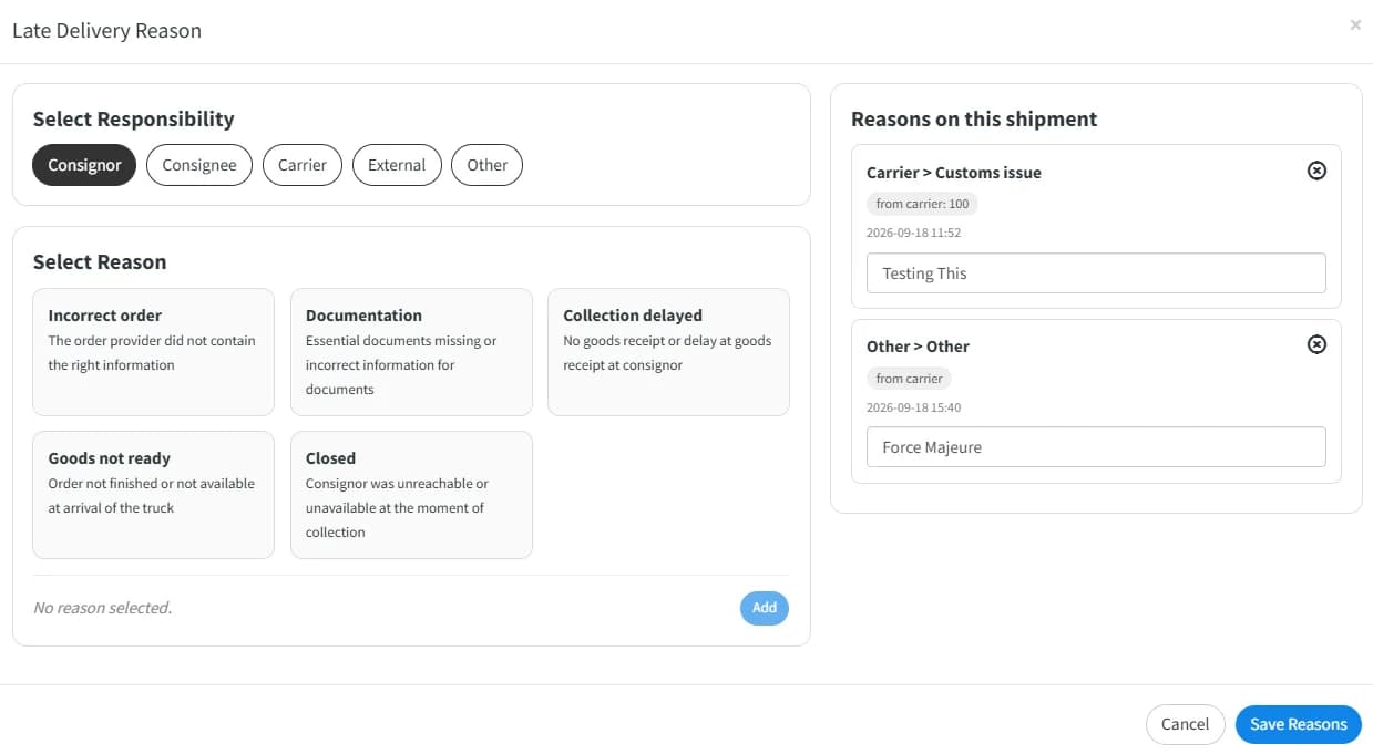 Recording a late delivery reason on an order in alpha-TMS