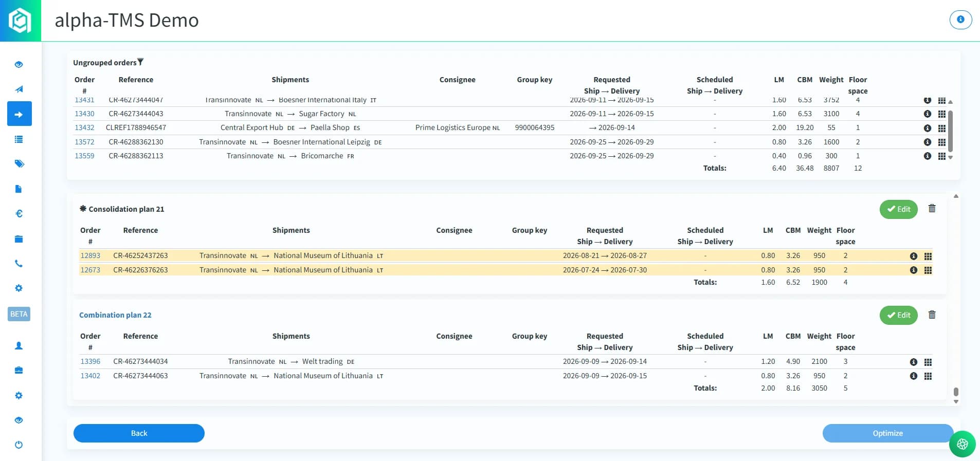 alpha-TMS Optimizer showing consolidation and combination plans