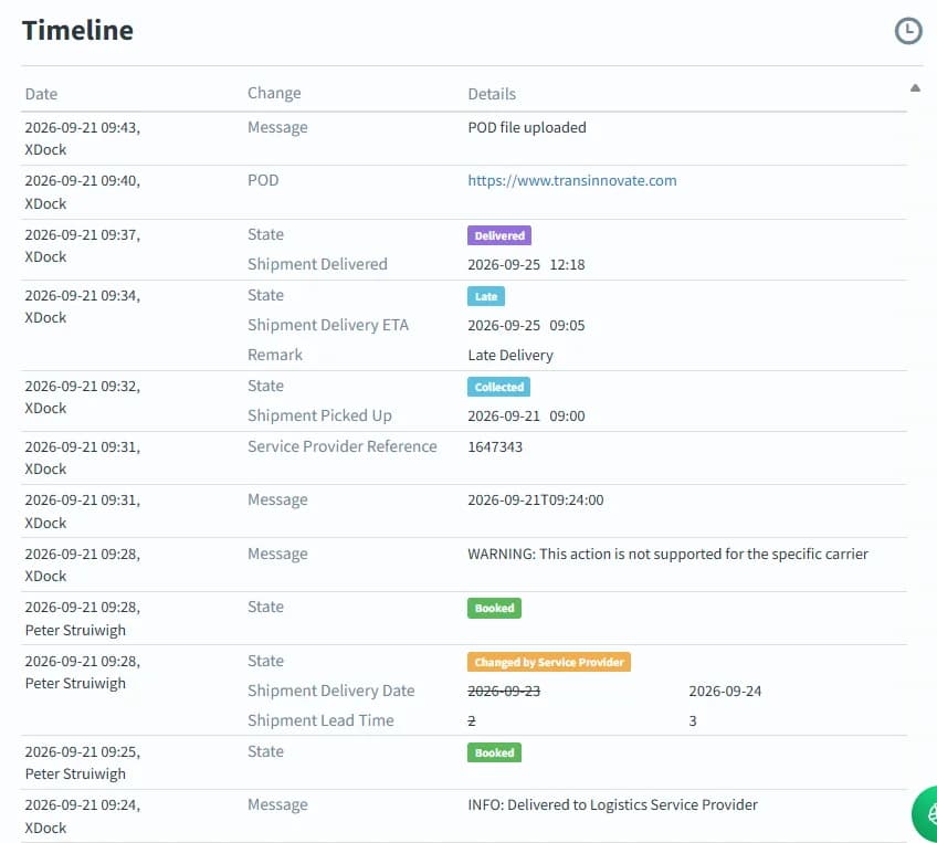 Order timeline in alpha-TMS with carrier updates such as collection, ETA and proof of delivery