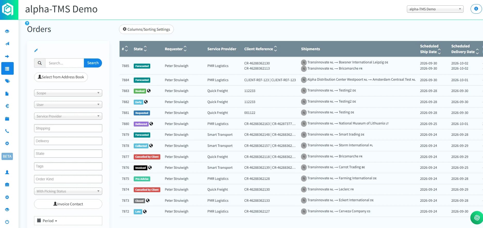 alpha-TMS order overview showing the status of every transport order
