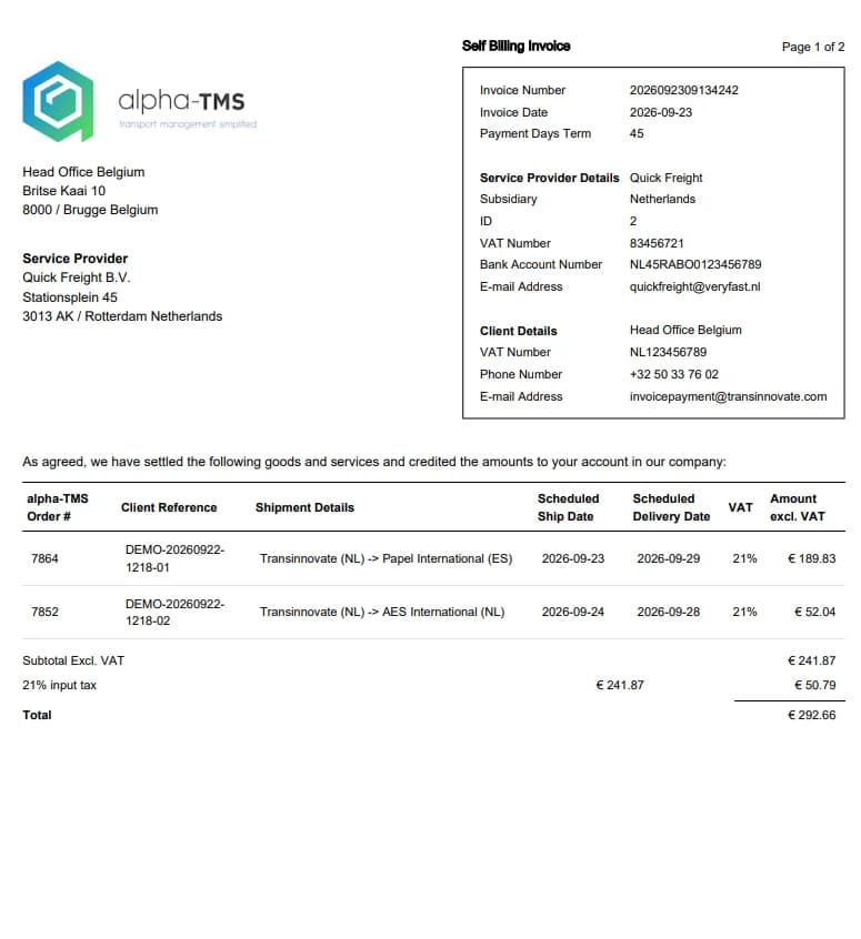 Self-billing invoice issued to a carrier by alpha-TMS