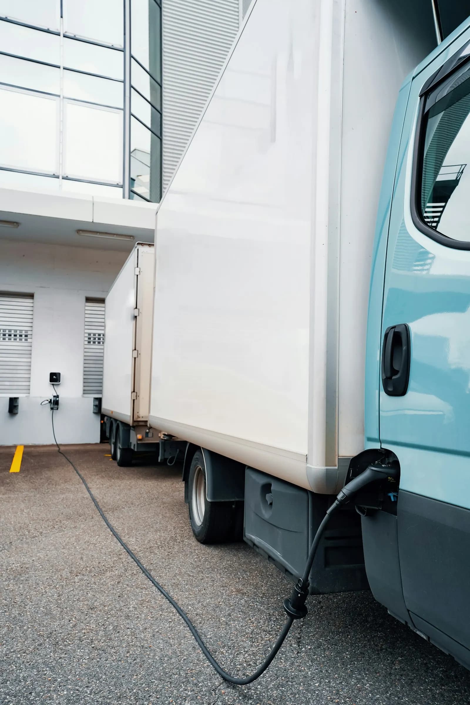 Electric truck charging at a warehouse, lowering freight costs and emissions with alpha-TMS