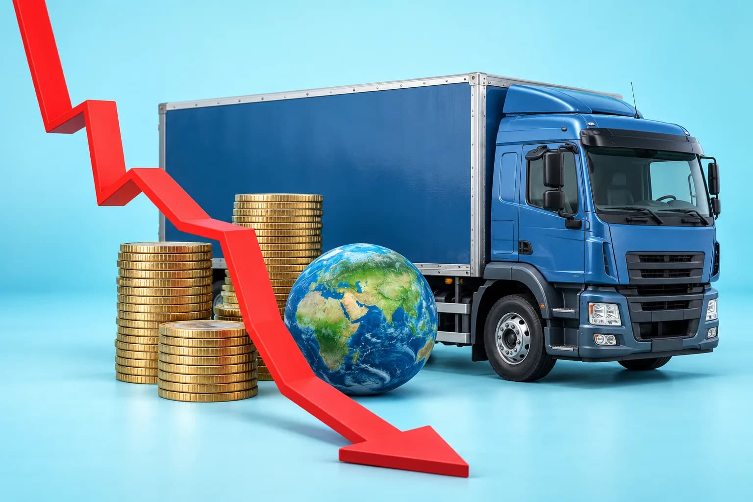 Truck with coin stacks, a globe and a falling arrow showing lower freight costs and emissions through consolidation